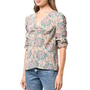 Veronica Beard Henrieta Silk Floral V-Neck Ruched Sleeve Top Size 4